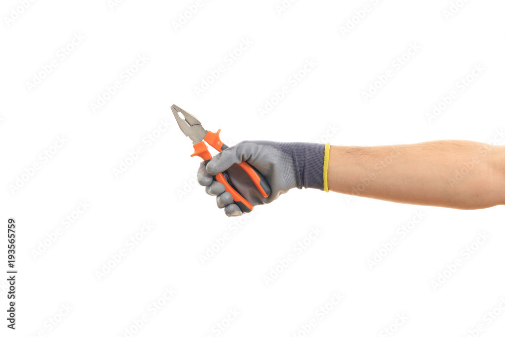 Hand holding pliers pincers on white background