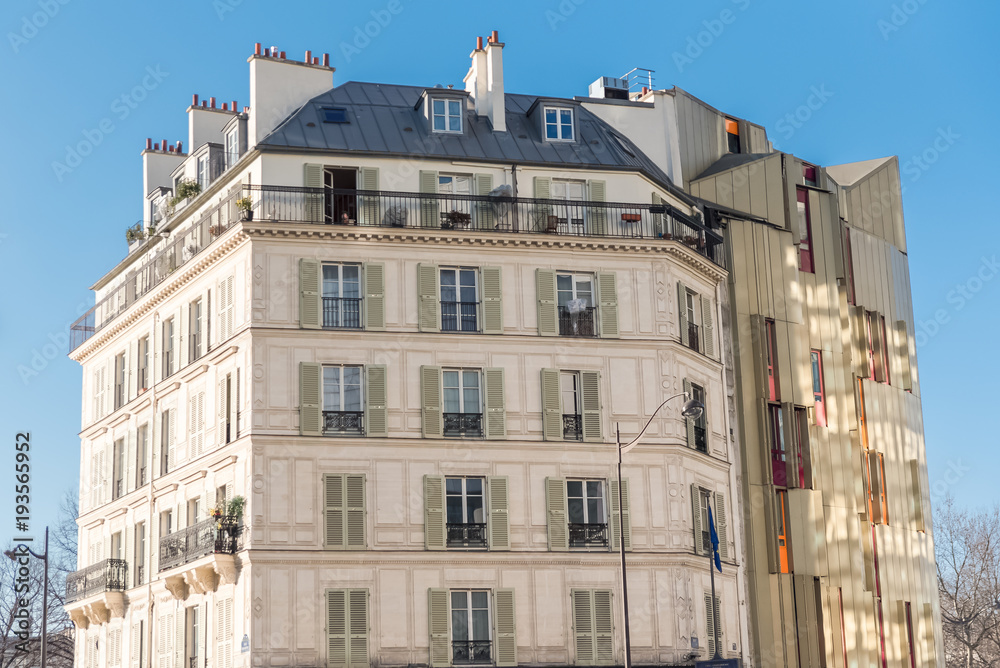 Paris, buildings near Bastille, ancient and modern facades 
