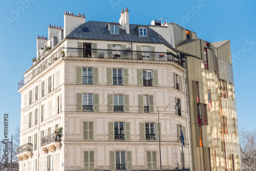 Paris, buildings near Bastille, ancient and modern facades 
