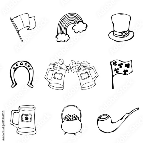 St. Patrick s Day Icons Collection beer, hat, clover, flag, horseshoe, pipe, pot of gold, rainbow. Hand Drawn Illustration. Savoyar Doodle Style.