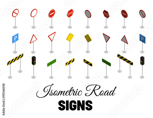 Set of isometric road signs isolated on white background. Vector