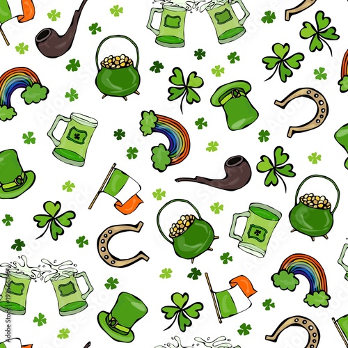 St. Patrick s Day Seamless Background. Pattern of beer, hat, clover, flag, horseshoe, pipe, pot of gold, rainbow. Hand Drawn  Illustration. Savoyar Doodle Style.