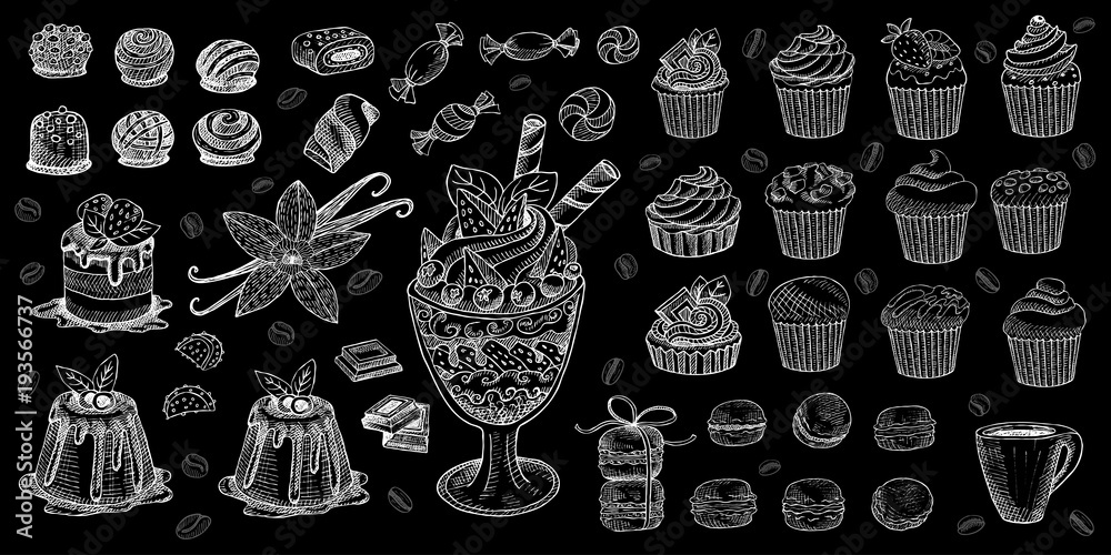 Plakat Piekarnia ciasta słodycze desery przedmioty kolekcja sklep kawiarnia plakat restauracja menu żywności.