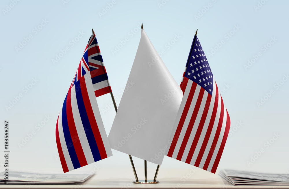 Flags of Hawaii and USA with a white flag in the middle