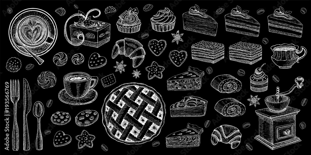 Plakat Piekarnia ciasta słodycze desery obiektów kolekcja sklep kawiarnia plakat restauracja menu żywności.