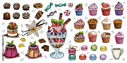 Bakery pastry sweets desserts objects collection shop cafe poster restaurant menu food.