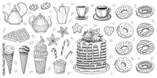 Bakery pastry sweets desserts objects collection shop cafe poster restaurant menu food.