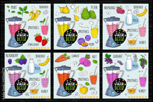 Healthy juice detox smoothie receipes set. Hand drawn vector illustration sketch style. Fruits, vegetables, juice.