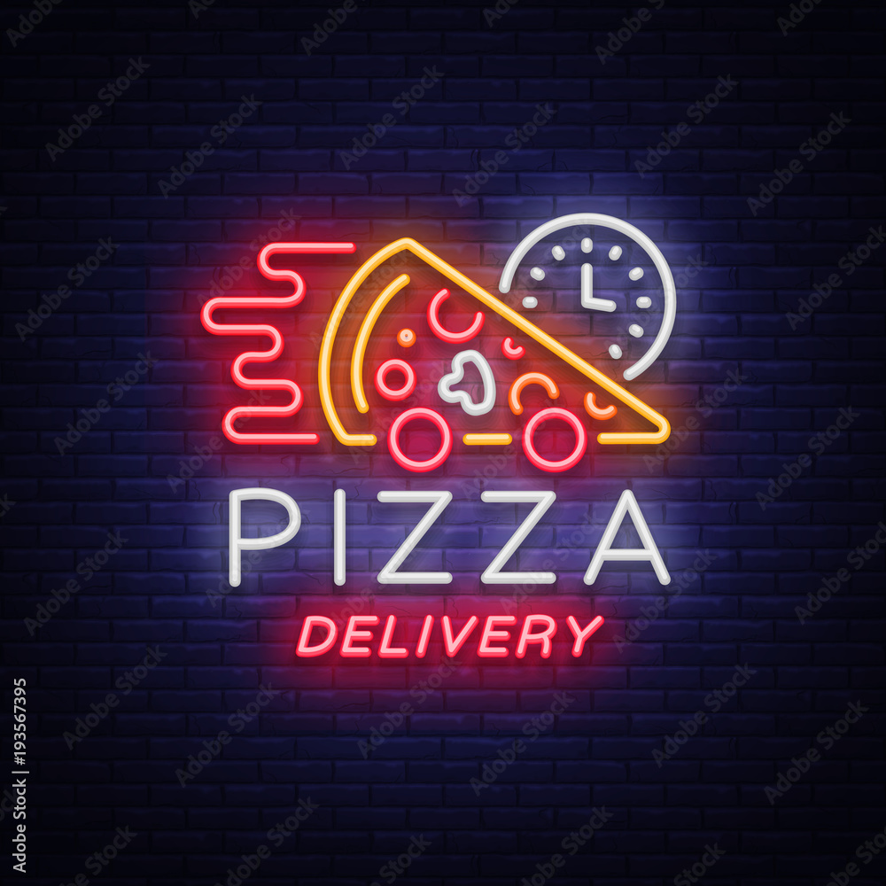 Vetor de Delivery pizza neon sign. Logo in neon style, light