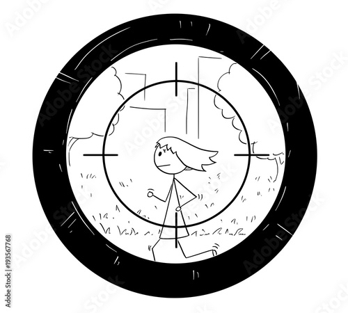 Cartoon stick woman drawing conceptual illustration of jogging or running man being targeted by scope of sniper.