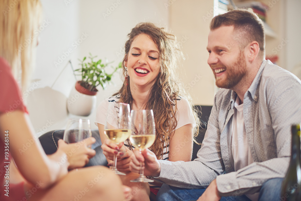 Friends cheering with wine at house party. Friends cheering with wine at house party.