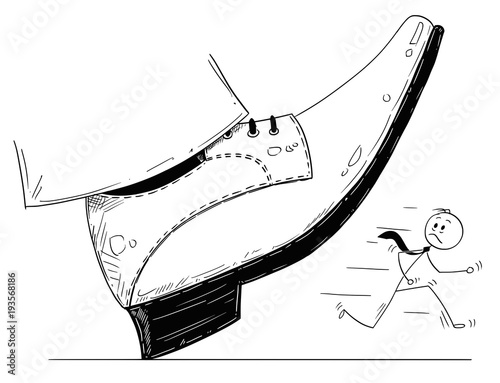 Cartoon stick man drawing conceptual illustration of large foot in shoe ready to step down on running businessman. Business concept of pressure and competition.