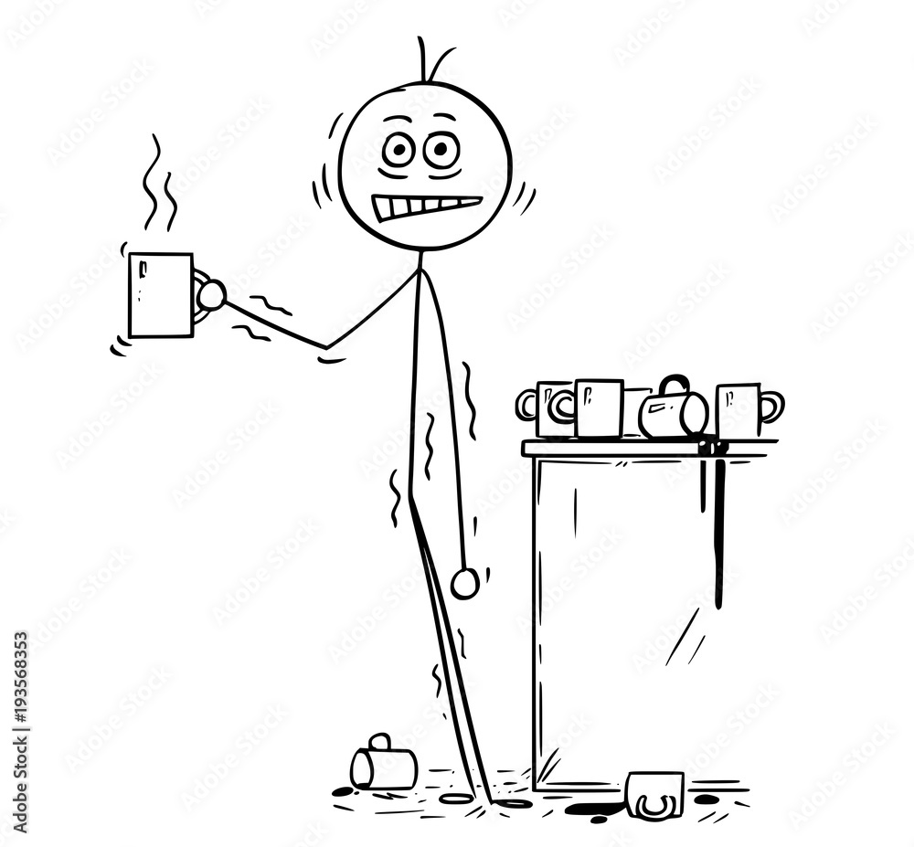 Cartoon stick man drawing conceptual illustration of overworked businessman under  pressure overdosed by caffeine from coffee. Business concept of stress and  unhealthy lifestyle. Stock Vector | Adobe Stock