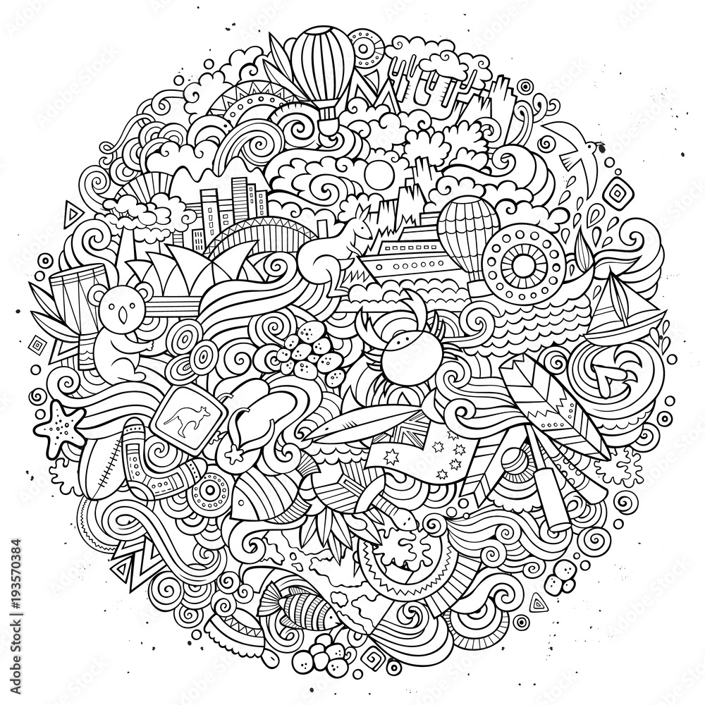 Australian doodles elements and symbols round illustration