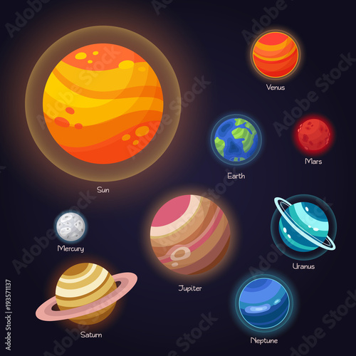 Set of vector flat doodle cartoon icons planets of solar system. Children education. Wallpaper, background, symbols, template for web design, greeting card, cover, poster