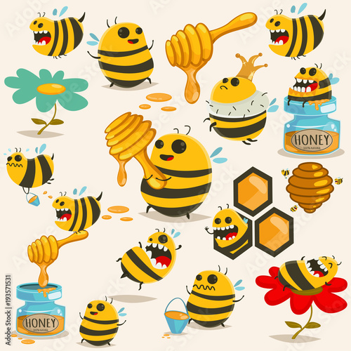 Cute bee cartoon character vector set. Illustration with the honey, beehive, stick, jar, honeycomb, etc.