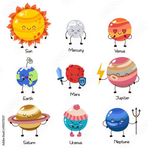 Set of vector doodle cartoon icons planets of solar system. Comic colored funny characters. Children s education. Wallpaper, background, symbols, template for web design, greeting card, cover, poster
