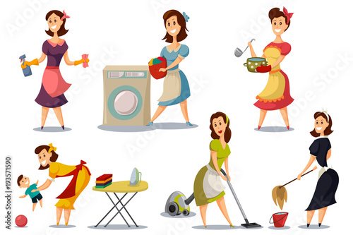 Housewives in a vintage retro style 50's vector set. Cartoon illustration of a mother with a vacuum cleaner, ironing, washing, cooking, playing with a baby. Woman character does housework.