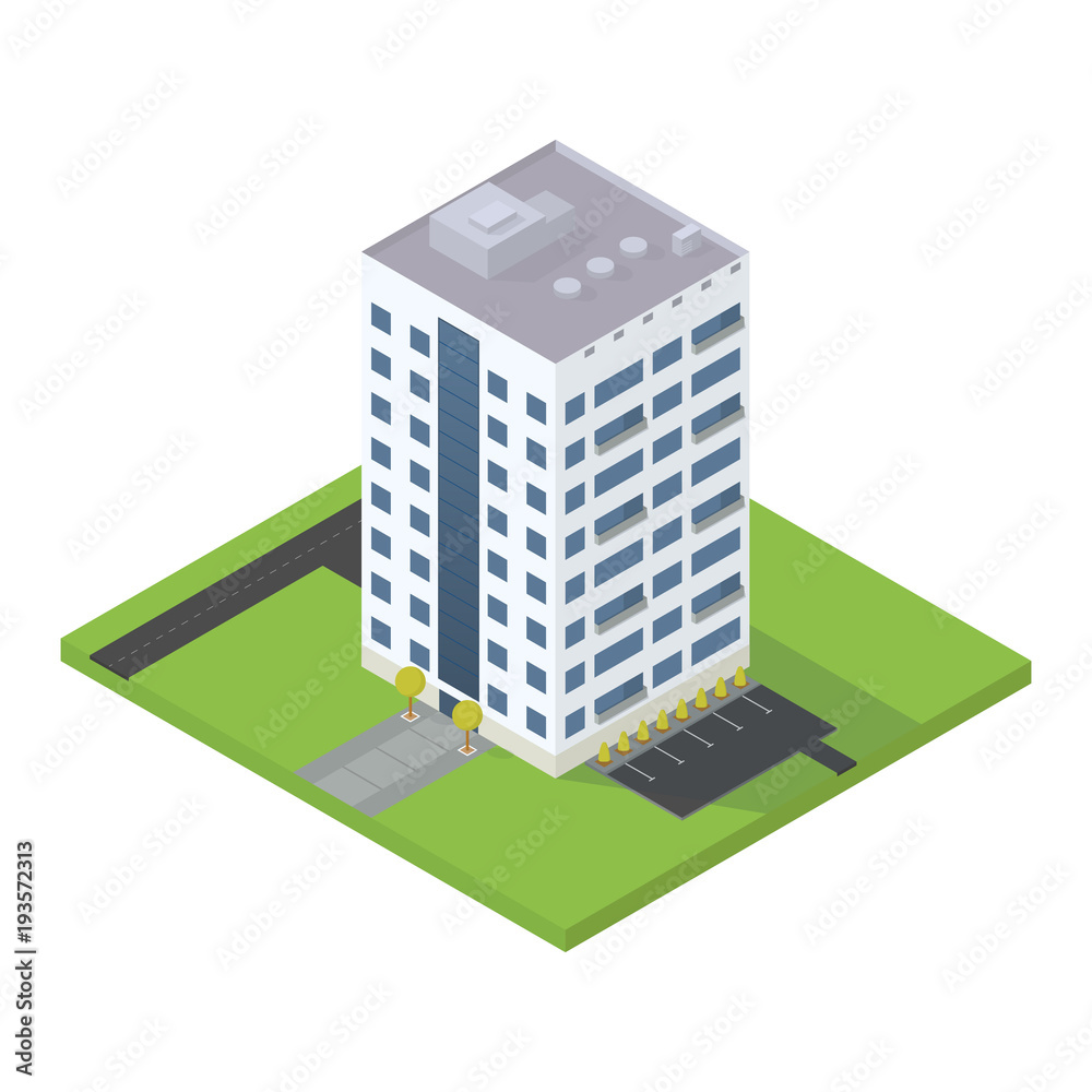 Business big skyscraper building with parking lot. Isometric view style vector illustration. Tree and road. Trendy isometric vector. Business big skyscraper building with parking lot. Isometric view style vector illustration. Tree and road. Trendy isometric vector.