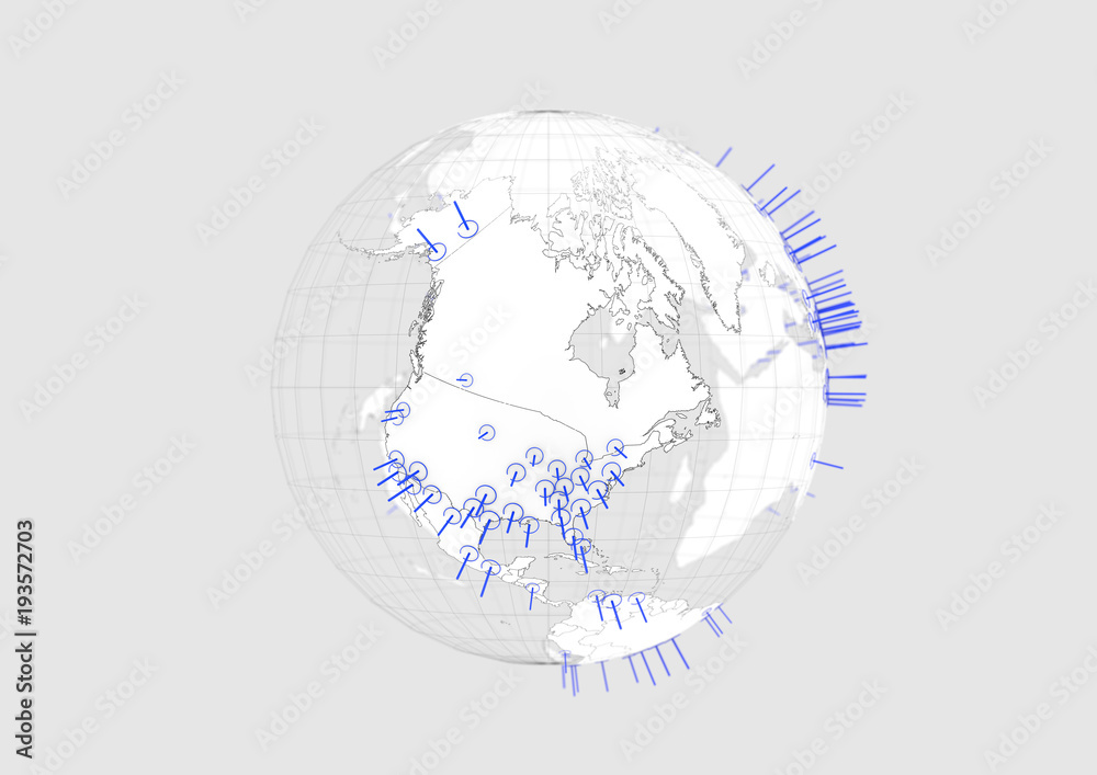 White world globe Canada map 3D illustration with blue graphic cities on white background with.