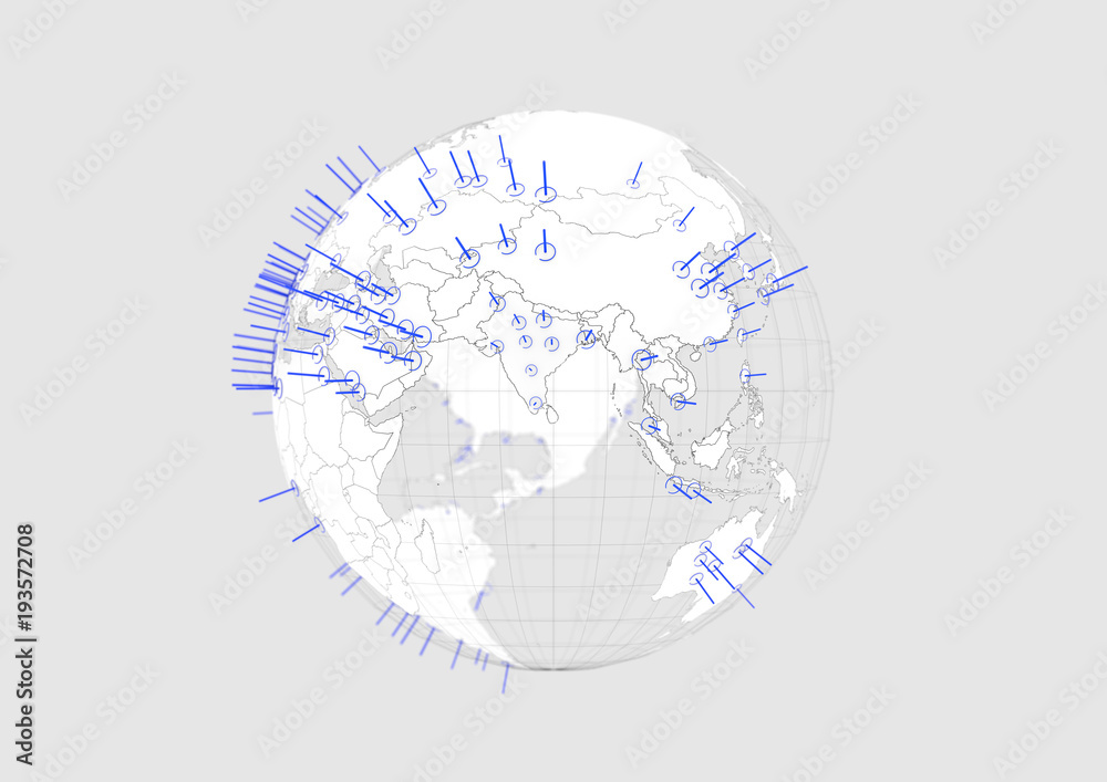White world globe Eurasia map 3D illustration with blue graphic cities on white background with.