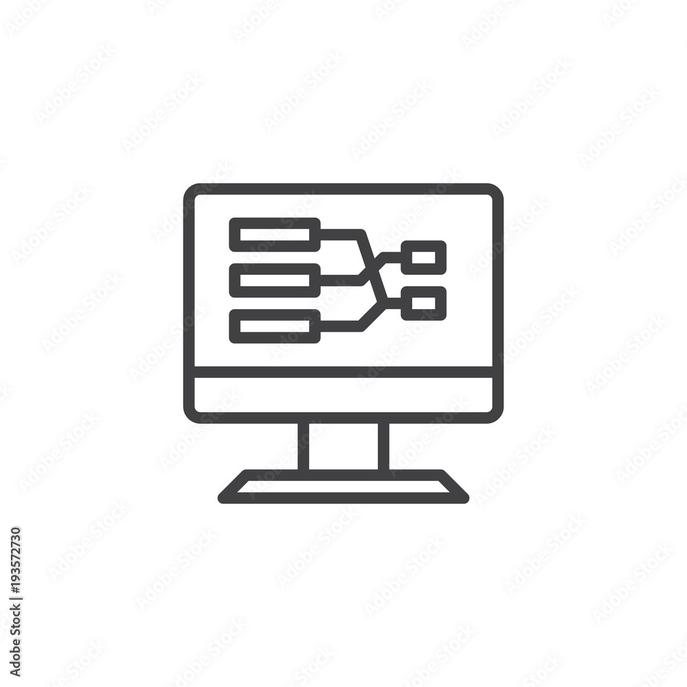 Desktop pc screen with flow chart outline icon. linear style sign for mobile concept and web design. Diagram simple line vector icon. Symbol, logo illustration.