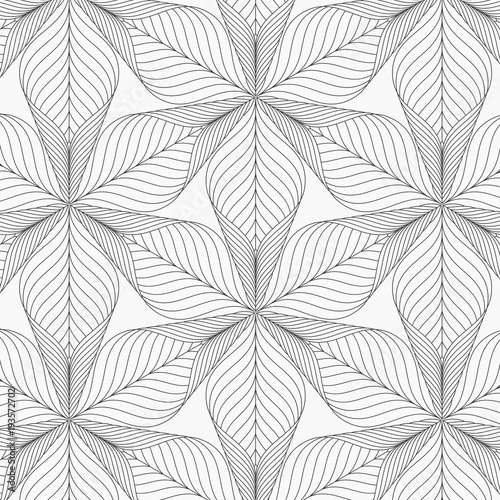 Linear vector pattern repeating abstract linear flower or flora circling on hexagon shape decorates with paper flip. Graphic clean for printing, fabric, background etc. pattern is on swatches panel.