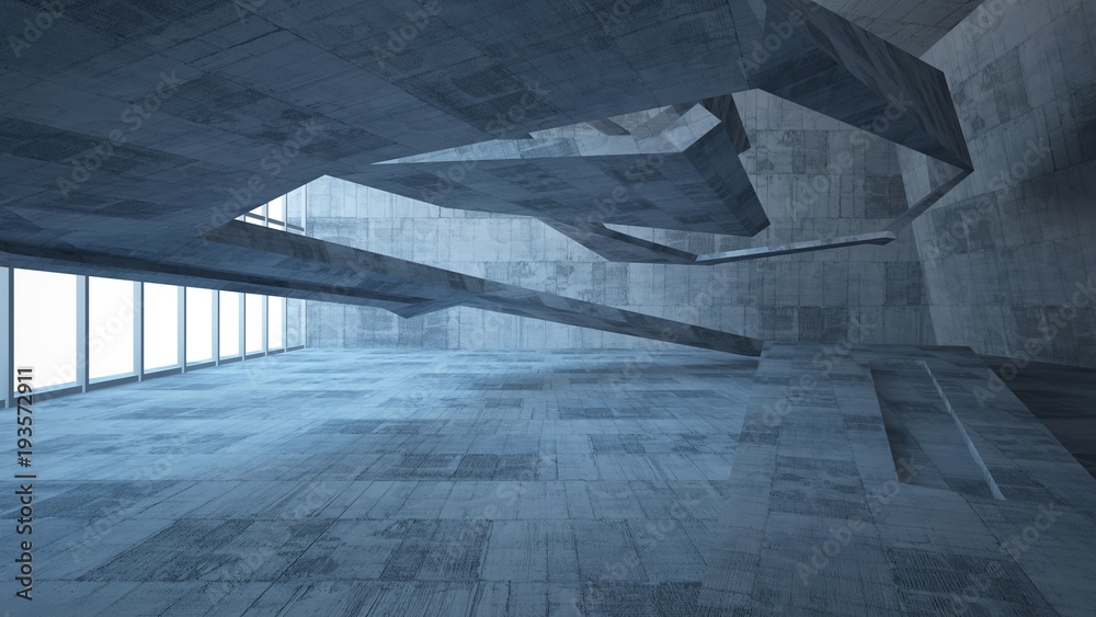 Abstract white and concrete parametric interior with window. 3D illustration and rendering. Abstract white and concrete parametric interior with window. 3D illustration and rendering.