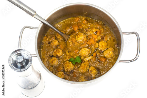 Casserole thick vegetable soup with lentils and meatballs