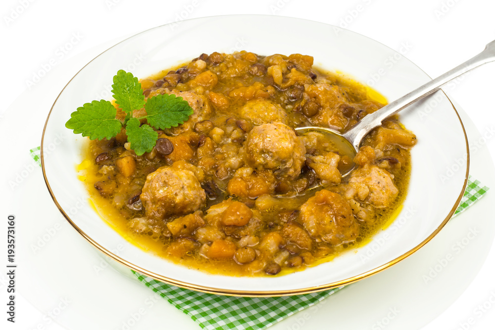 Fototapeta premium Vegetable lentil soup with meatballs