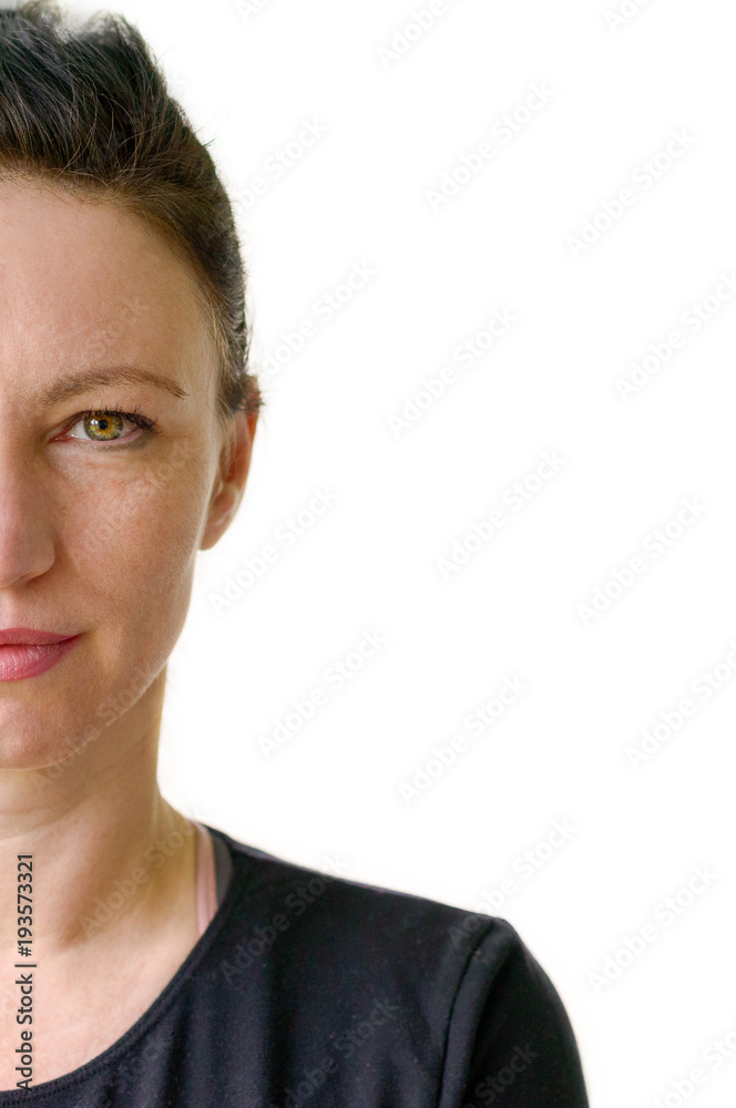 Half portrait of a pretty woman with green eyes Half portrait of a pretty woman with green eyes
