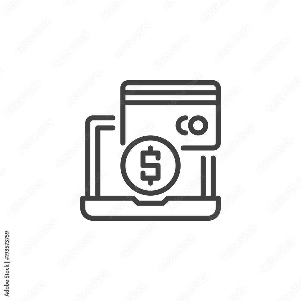 Online payment methods outline icon. linear style sign for mobile concept and web design. Laptop with dollar coin and credit card simple line vector icon. Symbol, logo illustration. Online payment methods outline icon. linear style sign for mobile concept and web design. Laptop with dollar coin and credit card simple line vector icon. Symbol, logo illustration.