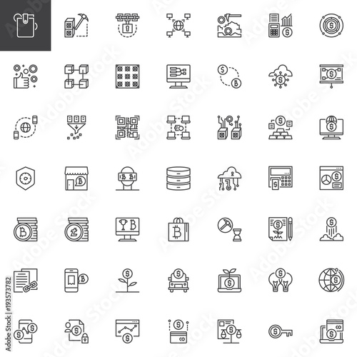 Cryptocurrency and fintech outline icons set. linear style symbols collection, line signs pack. vector graphics. Set includes icons as cryptocurrency fintech, blockchain crypto digital, bitcoin