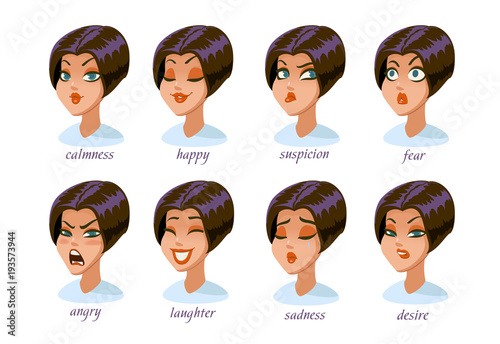 Brunette woman character expressions set. calmness, happy, suspicion, fear, angry, laughter, sadness, desire.
