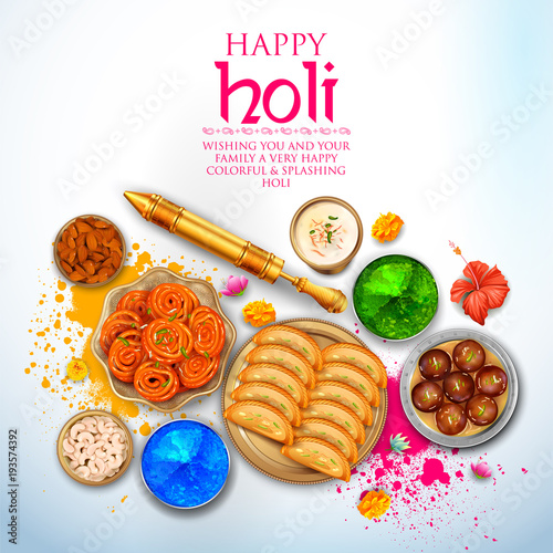 Powder color gulal and gujiya sweet with thandai for Happy Holi Background