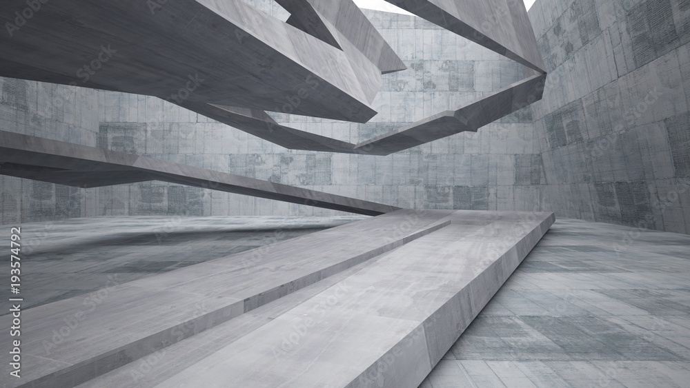 Abstract white and concrete parametric interior with window. 3D illustration and rendering. Abstract white and concrete parametric interior with window. 3D illustration and rendering.