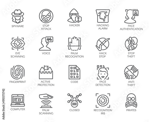 20 icons of virtual protection, cyberattacks, hacking, modern scan authentication theme. Contour symbols of web protection and recognition. Set of outline vector signs isolated on white background