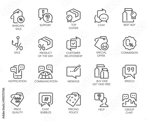 Set of 20 line icons for online or offline stores, shopping, booking sites and mobile apps, comments or message chat bubbles, support and other symbols. Graphic contour logo isolated