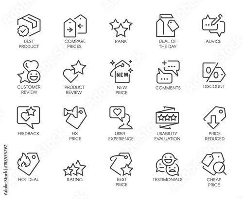 20 linear icons for online or offline stores, mobile apps and messengers. Promotion, marketing and advertising line signs. Sale and review concept. Vector illustration isolated on white background