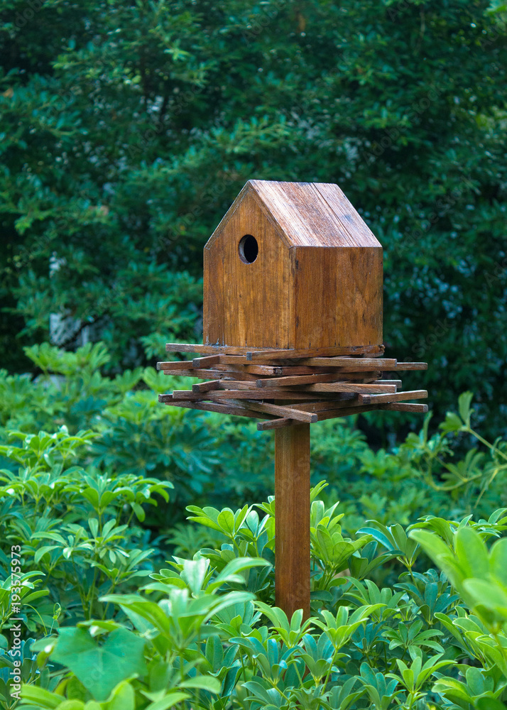 Wooden birdhouse on a background of green vegetation