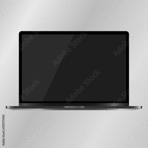 Realistic Laptop mockup Device with black Screen Isolated on grey Background. Notebook. Laptop render. Opened notebook/laptop. Vector Illustration. EPS 10.