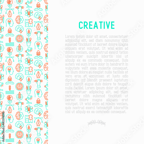 Creative concept with thin line icons: generation of idea, start up, brief, brainstorming, puzzle, color palette, creative vision, genius. Modern vector illustration for banner, web page, print media.