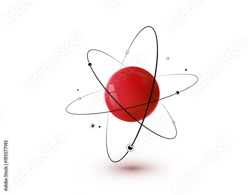 Red atom with core, orbits and electrons isolated on white background