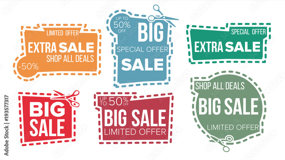 Obraz premium Sale Banners Set Vector. Cut Border. Cutout Template. Shopping Icons. Flat Isolated Illustration