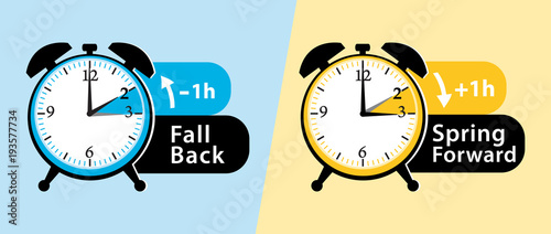 Daylight saving time. Spring forward and fall back alarm clocks set. vector illustration.