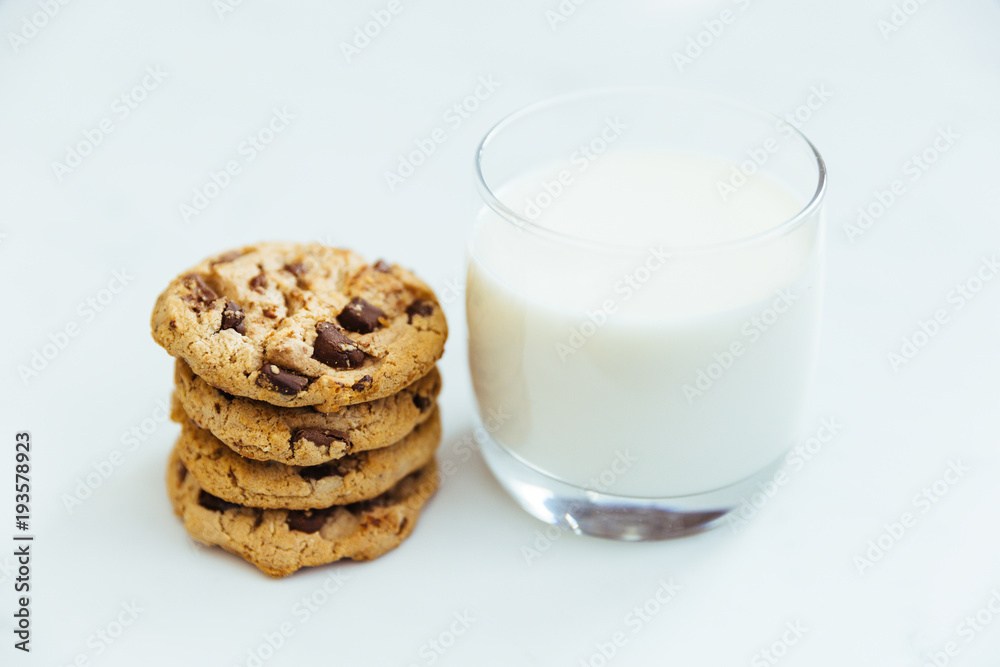 Chocolate chip cookies and glass of milk Chocolate chip cookies and glass of milk