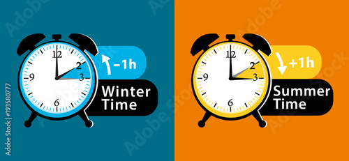Daylight saving time. Summer time and winter time alarm clocks set. Colorful vector illustration.