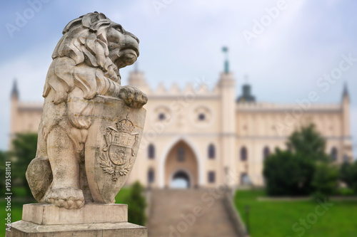 Royal castle in Lublin with guarding lion scrupture, Poland