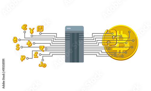 Different currencies of the world that pass through the server and form bitcoin. Illustration of mining, crypto currency, blockchain and e-money applicable for banners, web, presentations. Vector