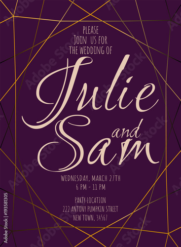 Gold gradient geometric diamond shape for wedding or birthday invitation on purple violet background.